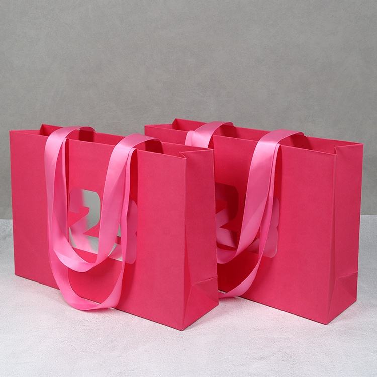 Custom Luxury Clothing Retail Gift Hot Pink Recycled Paper Bag Embedded Ribbon Handles for Shoes & Clothing