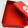 Red rectangular metal tin box packaging with custom logo