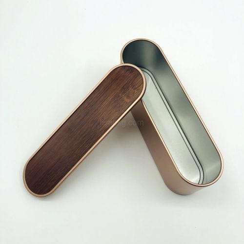 Oval wooden color metal tin box packaging custom with logo print