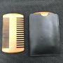 Custom logo wooden beard lice comb with pu leather sleeve for man